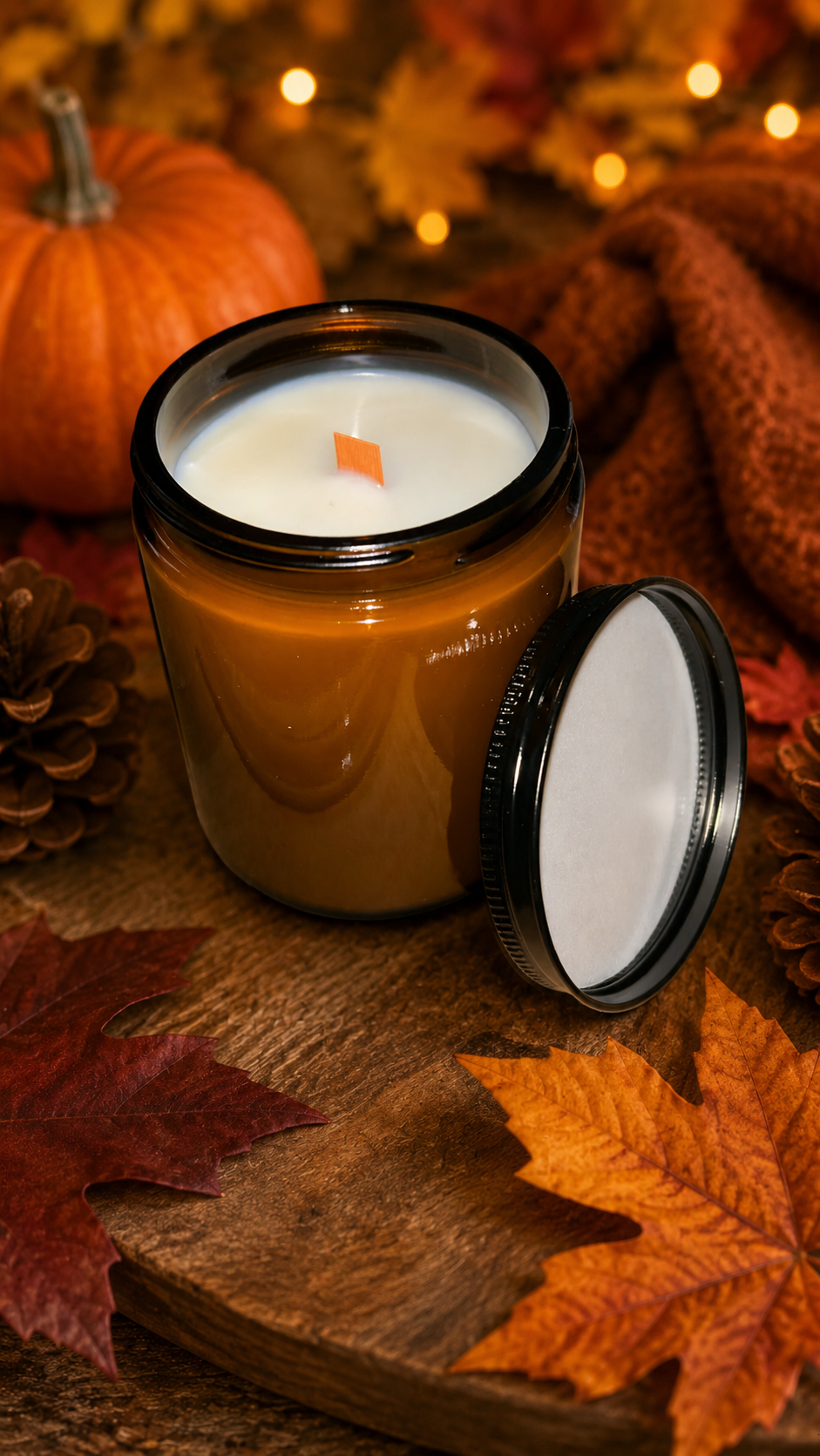 Autumn Harvest Soy Candle in amber jar with pumpkins, pine cones, and fall leaves