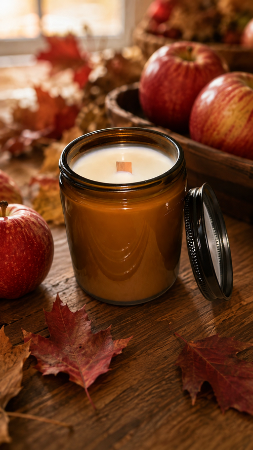 Autumn Harvest Soy Candle in amber jar surrounded by red apples and fall leaves